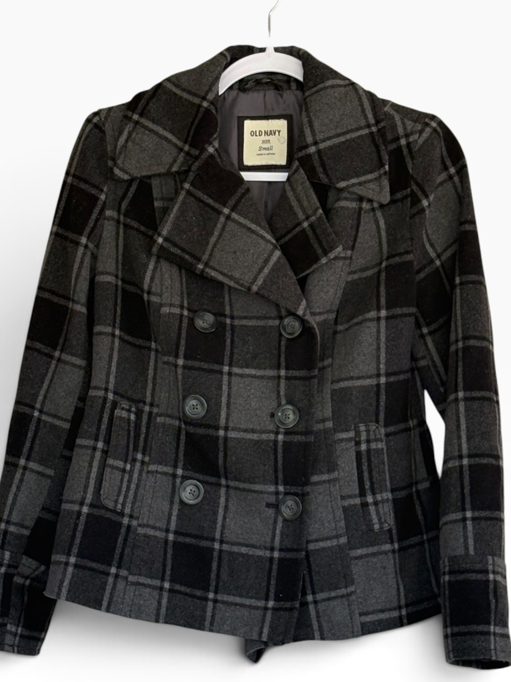 Old Navy  Black & Gray Plaid Double-Breasted Plaid Peacoat Size Small